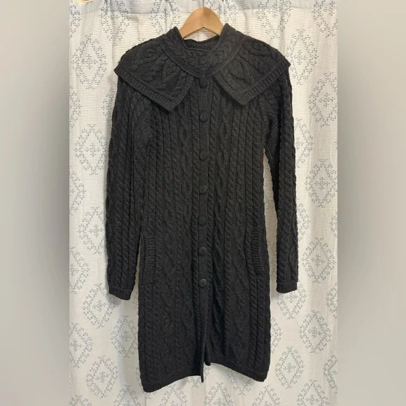 EUC - Aran Crafts 100% Merino Wool Cable Knit Sweater Coat (Charcoal Gray) - Picture 1 of 12